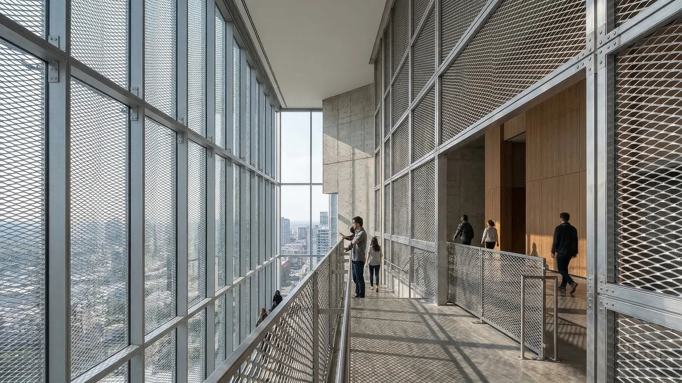 Wellenförmige Streckmetallfassade mit integrierten Atrium-Screens
