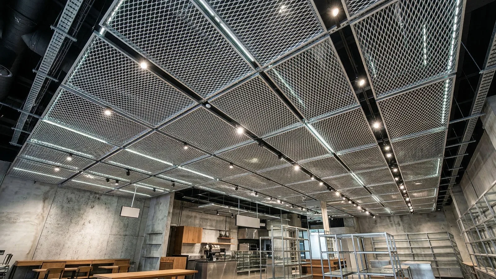 Expanded Metal Ceiling with Integrated Lighting (Industrial-Style Cafe/Bakery)