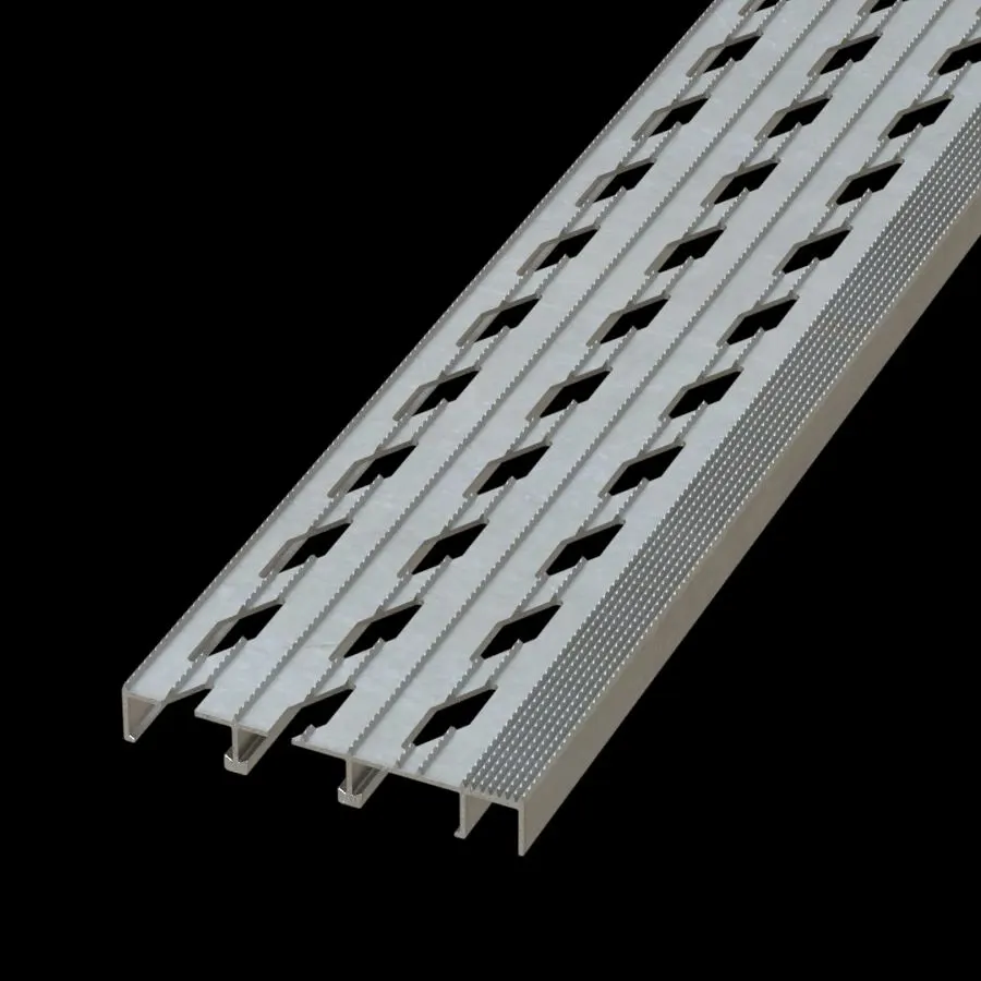 تفاصيل منتج شبك صناعي PLA049 ألمنيوم 6061-T6 ماسي مسنن (0.140" ارتفاع) 7" بعرض لوح درجة سلم مبثوق شبك